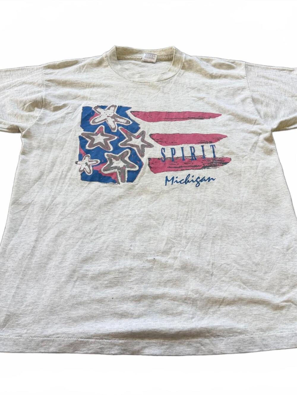 Vintage Spirit Michigan USA Flag Stars Graphic T-Shirt Gray size Large